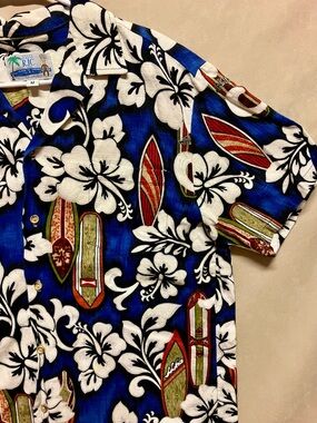RJC Hawaii M Floral Shirt Blue White Hibiscus Hawaiian Mens Batik Surfboard